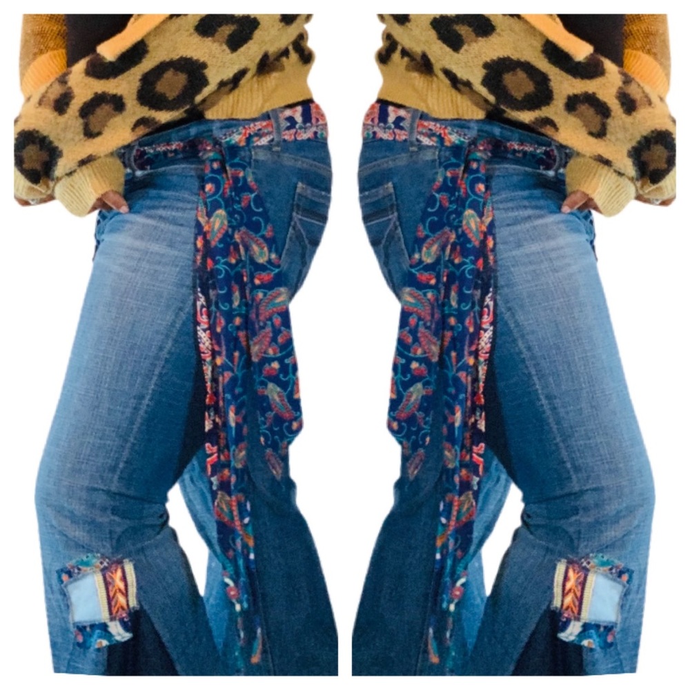 Handmade Boho Flare Jeans Bell Bottom Women’s Jeans Upcycled - Picture 6 of 11